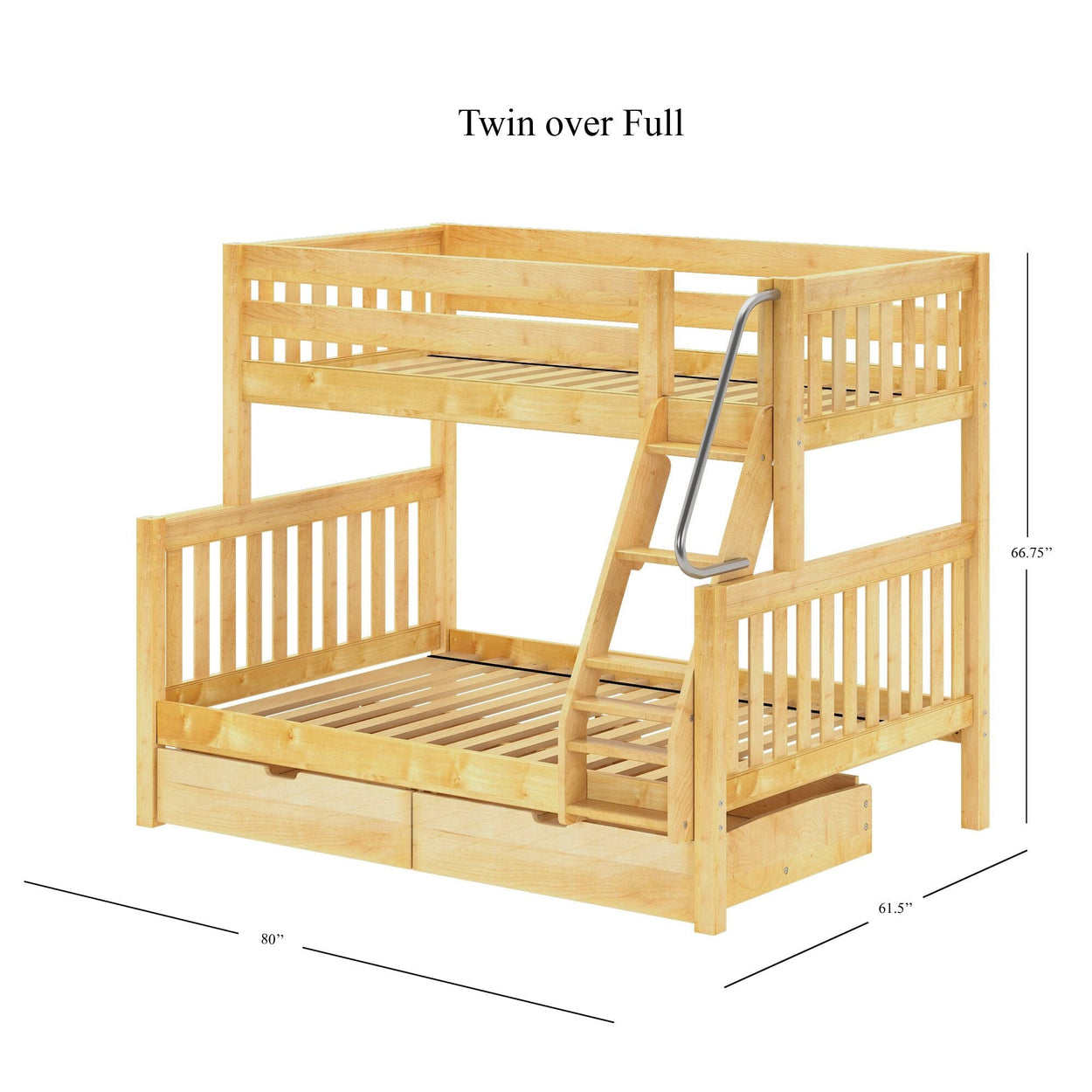 Twin over full wooden bunk bed with ladder and under-bed storage, measuring 80 inches long, perfect for maximizing space in kids' bedrooms.