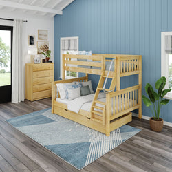 Wooden bunk bed with ladder in a blue-themed children's bedroom featuring modern decor and natural lighting.