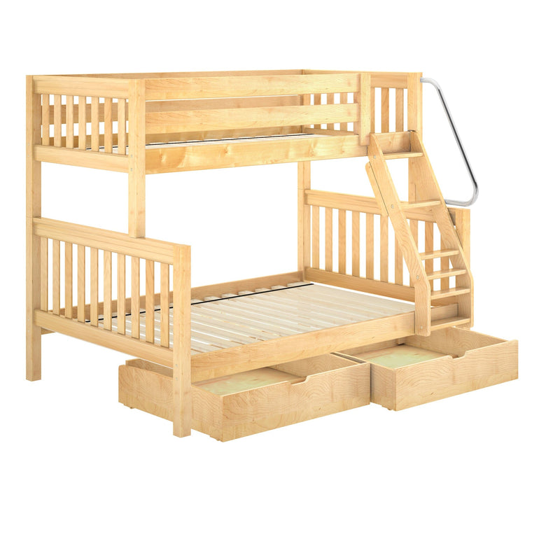 Light natural wood twin-over-full kids bunk bed with staircase and handrail, slatted guardrails, and under-bed storage drawers