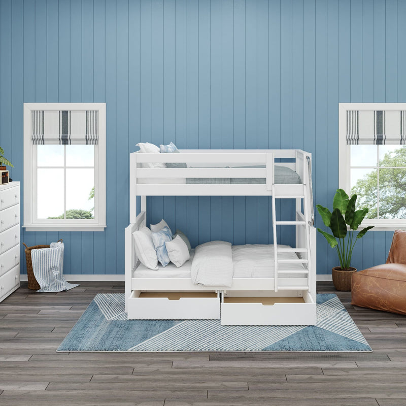 White wooden bunk bed with pull-out storage drawers in a modern coastal blue kids bedroom featuring hardwood floors, geometric blue area rug, striped window shades, large windows and a potted plant