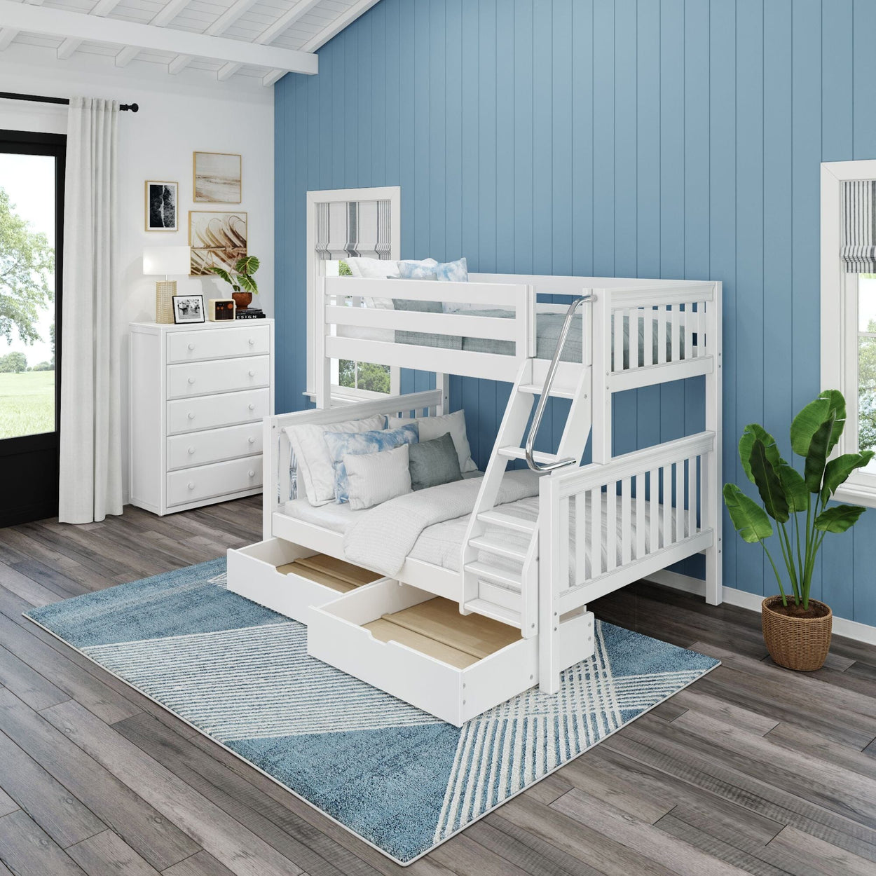 White bunk bed with storage drawers in a modern blue-themed bedroom featuring a decorative rug and houseplant.