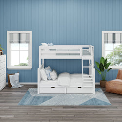 White bunk bed in modern kids' bedroom with blue walls and stylish decor.