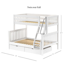 White twin over full bunk bed with ladder and storage drawers, dimensions included.