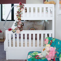 White wooden bunk bed with floral decoration and colorful chairs in a cozy kid's bedroom.