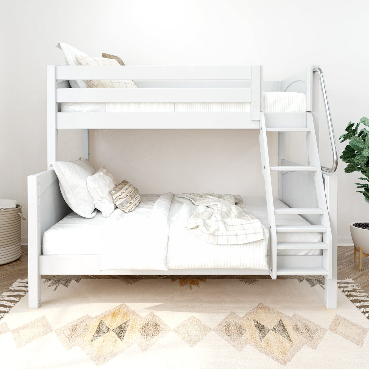 White wooden bunk bed with a ladder in a bright, modern bedroom featuring patterned rugs and cozy bedding.