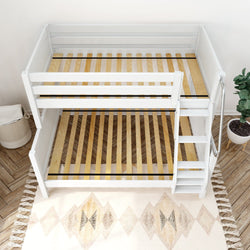 White wooden bunk bed frame with ladder in a modern children's bedroom.