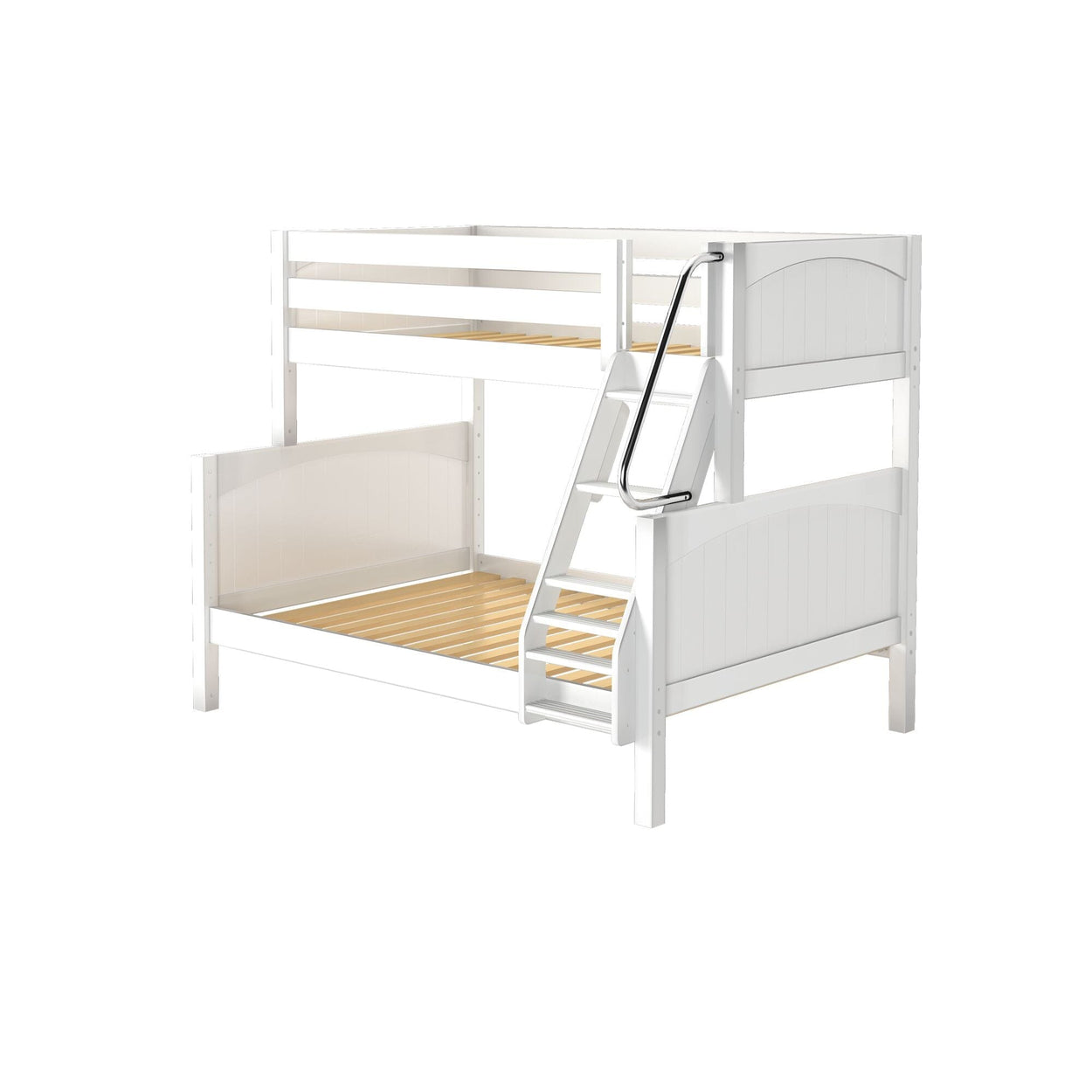 White twin over full bunk bed with ladder and safety rails.