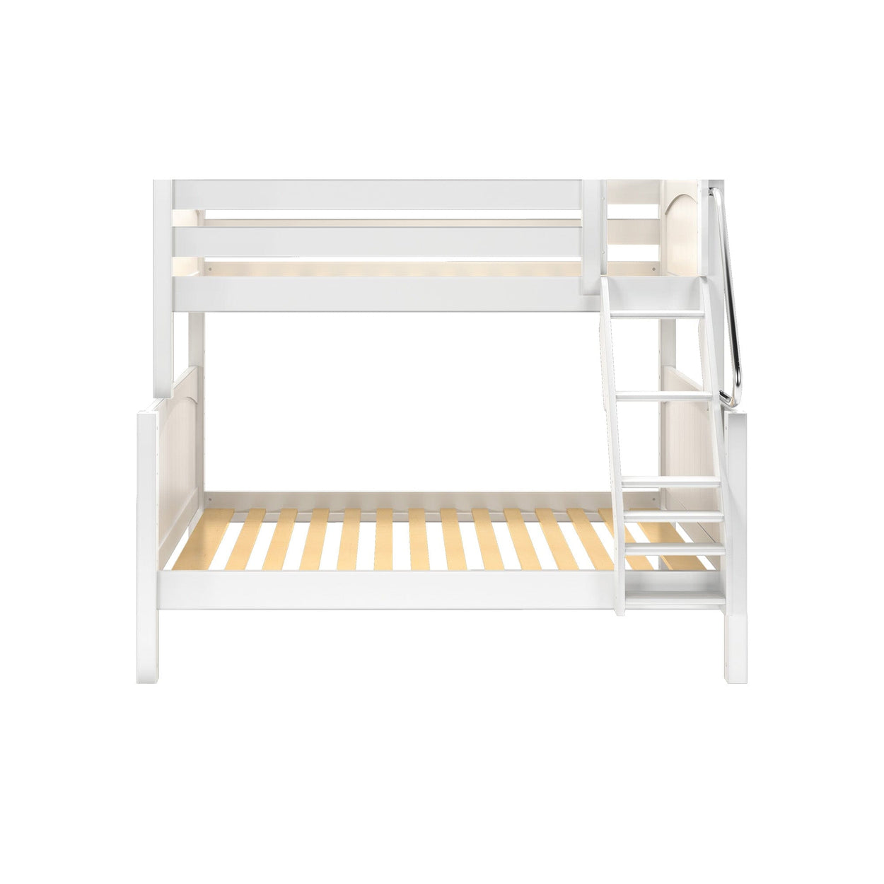 White wooden bunk bed frame with ladder, ideal for kids room furniture.