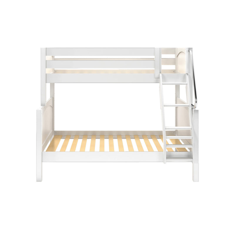 White wooden loft bunk bed with built-in ladder and slatted mattress supports, modern space-saving kids' bedroom furniture