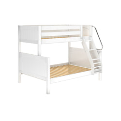 White wooden bunk bed with built-in staircase and safety railing for kids' bedroom.