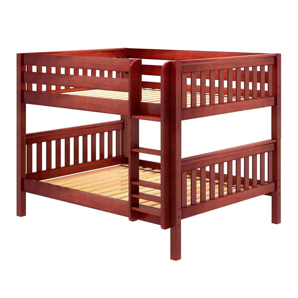 Wooden triple bunk bed with ladder and slatted design, ideal for maximizing bedroom space.