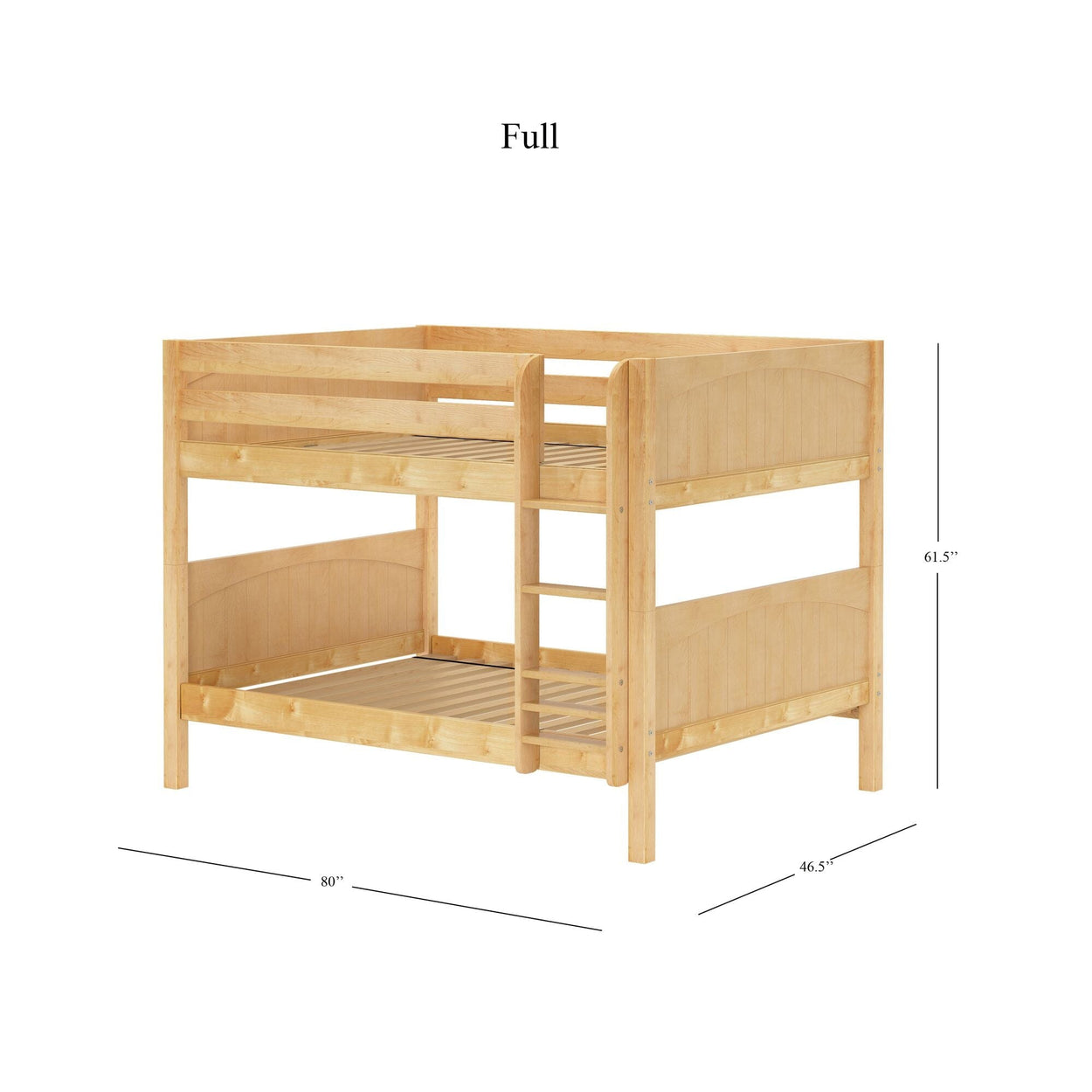 Wooden full-size bunk bed with ladder, measuring 80 inches long, 61.5 inches high, and 46.5 inches deep, ideal for kids' bedrooms.