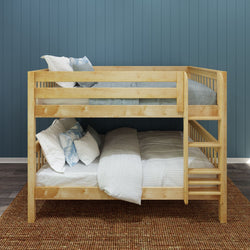 Wooden bunk bed with blue wall background and cozy bedding in modern bedroom.