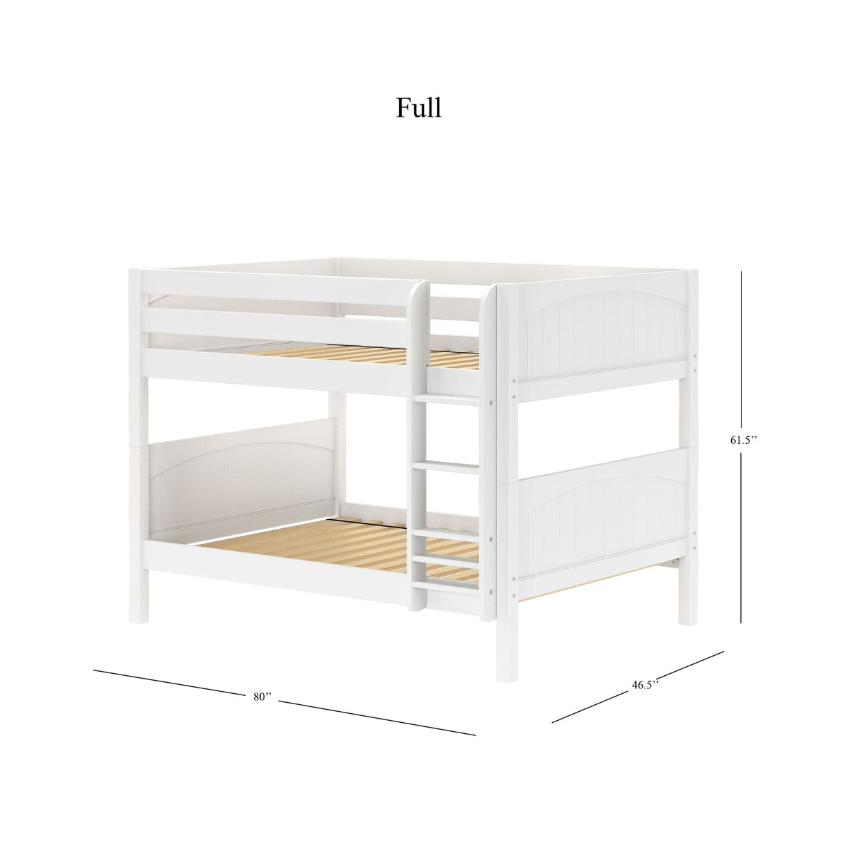 Full-size white wooden bunk bed with ladder, featuring dimensions 80" x 46.5" x 61.5".