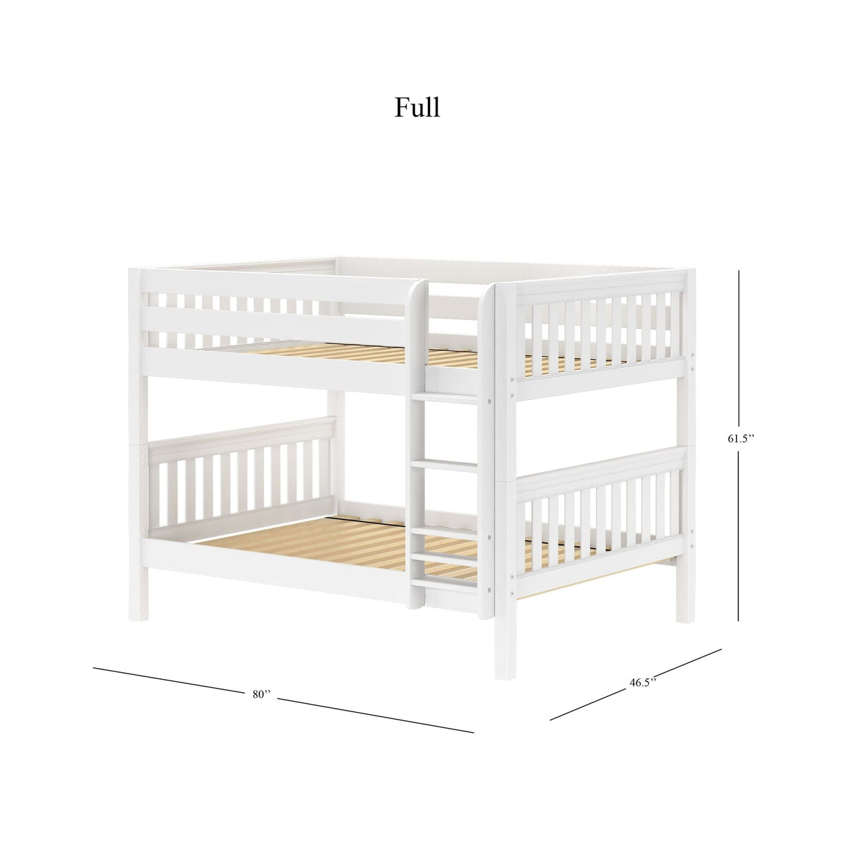 White wooden full-size bunk bed with built-in ladder and safety rails, dimensions 80" x 46.5" x 61.5".