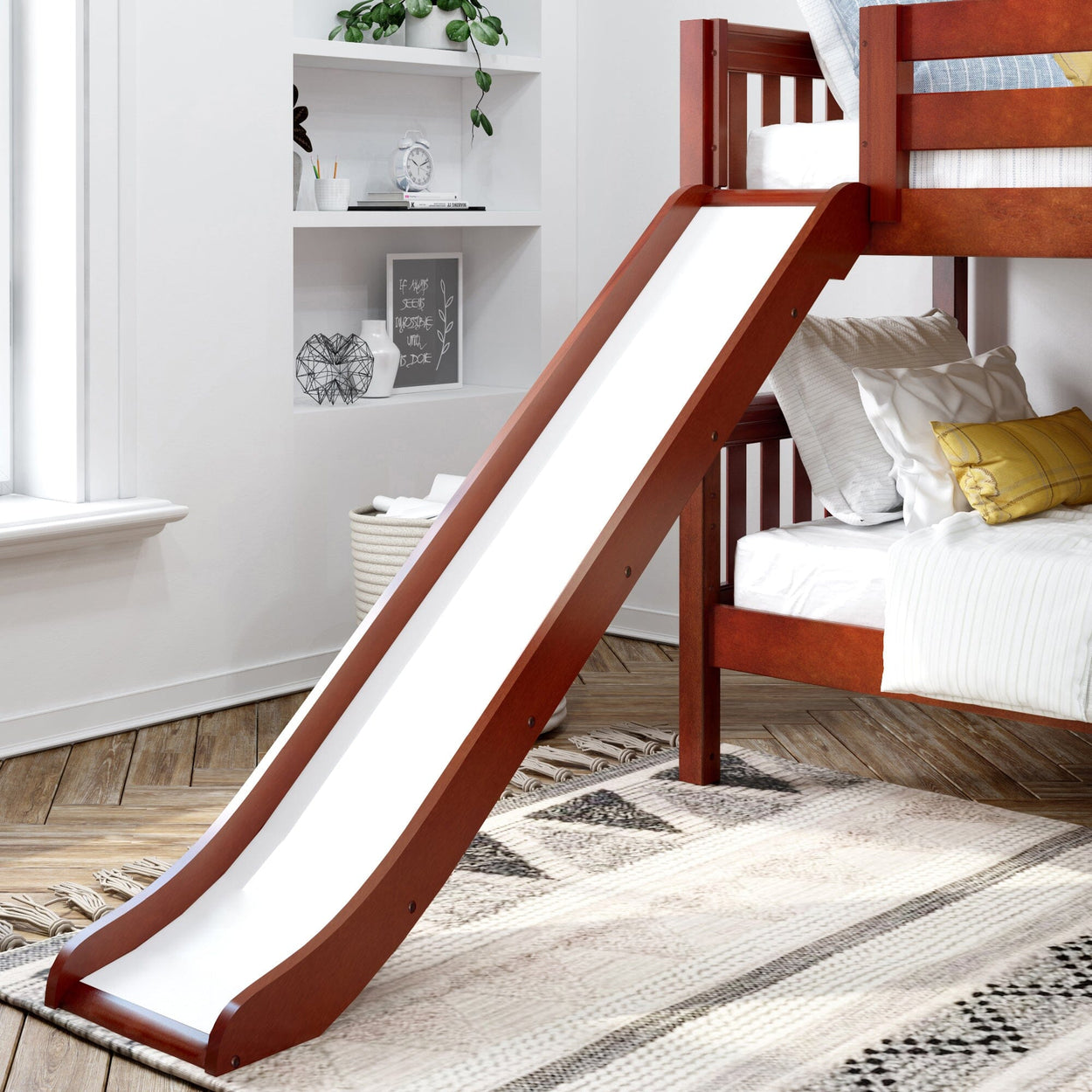 Bunk bed with built-in slide in modern children's bedroom.