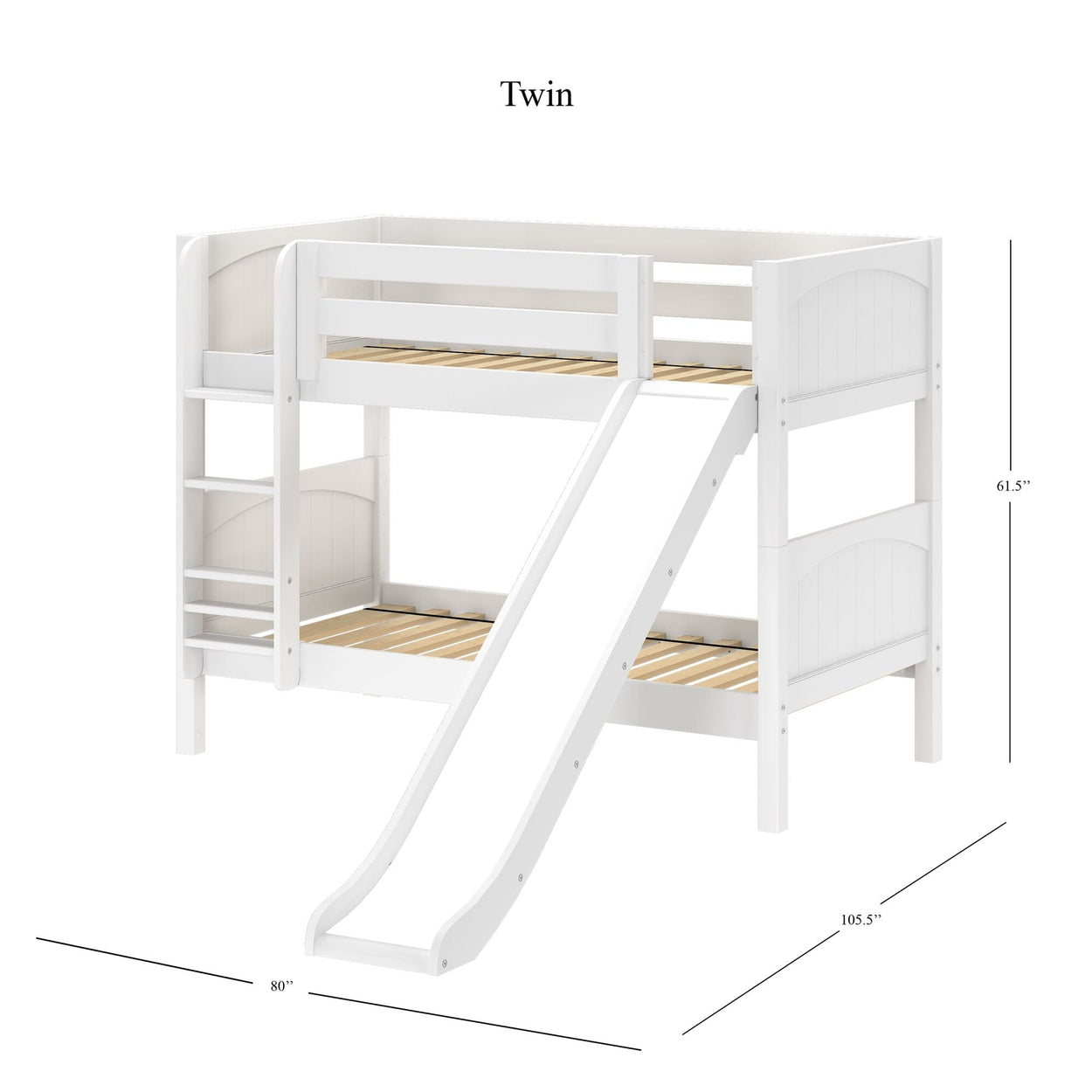 White twin loft bed with slide and ladder, wooden construction, dimensions 80" x 105.5" x 61.5".
