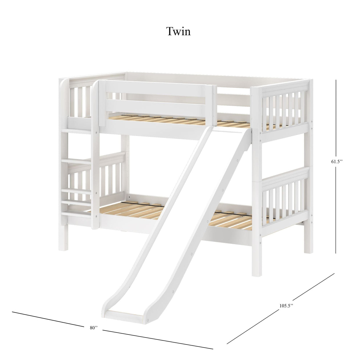 White twin loft bed with slide, wooden ladder, and safety rails, ideal for kids' bedroom furniture.