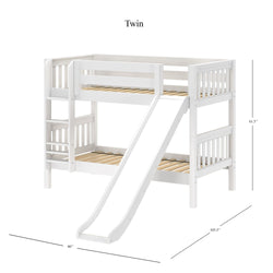 White twin loft bed with slide, wooden ladder, and safety rails, ideal for kids' bedroom furniture.