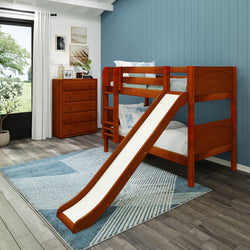 Wooden bunk bed with slide in blue-themed kids' bedroom, featuring dresser and wall art.