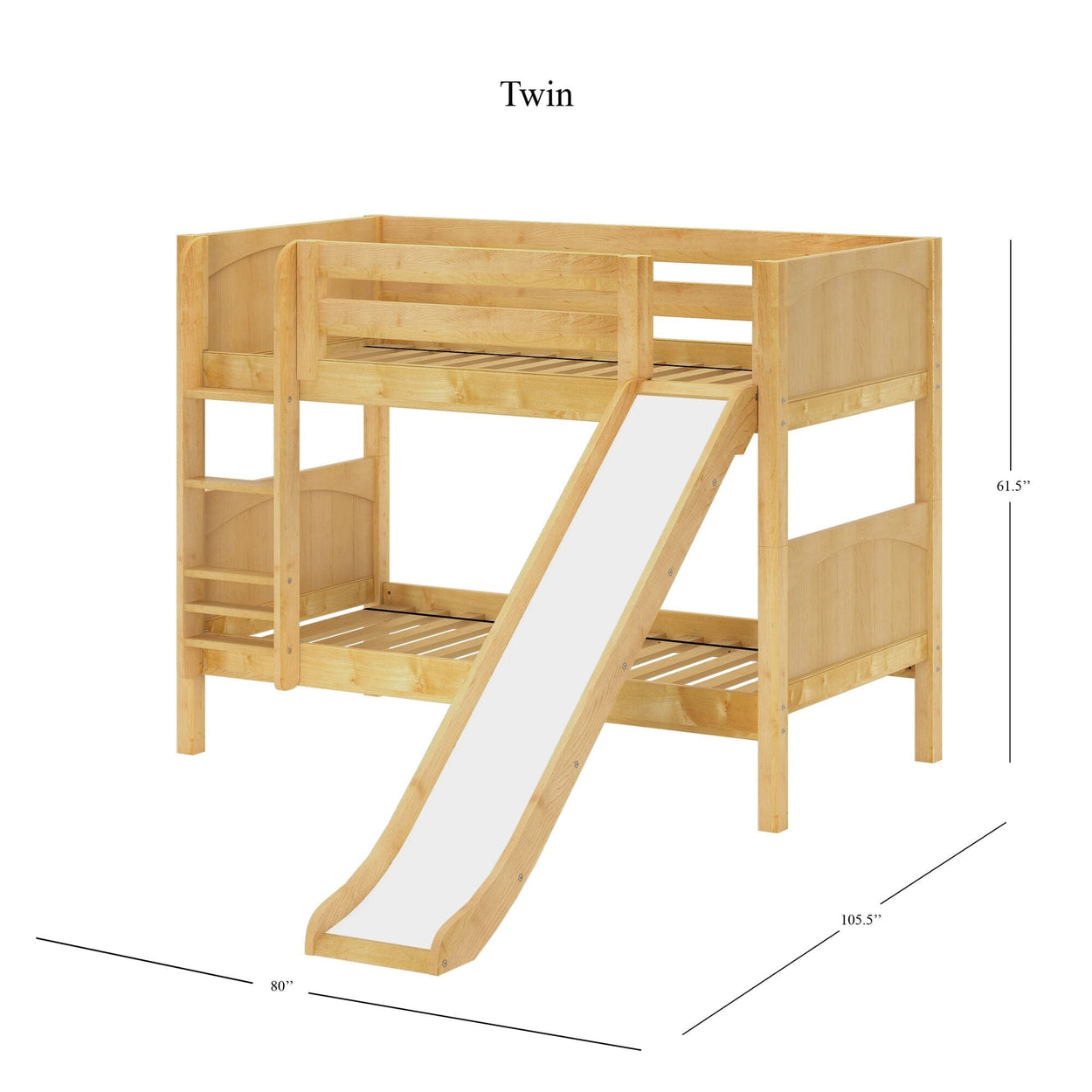 Twin loft bed with slide and ladder, natural wood finish, dimensions 80 inches by 105.5 inches by 61.5 inches.
