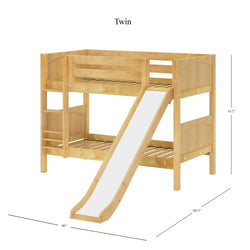 Twin loft bed with slide and ladder, natural wood finish, dimensions 80 inches by 105.5 inches by 61.5 inches.