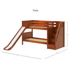 Twin wooden bunk bed with slide and staircase storage, dimensions included.