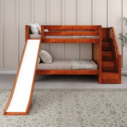 Wooden bunk bed with slide and staircase in a modern kids' bedroom.