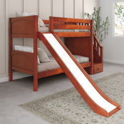 Wooden bunk bed with slide in a cozy children's bedroom.
