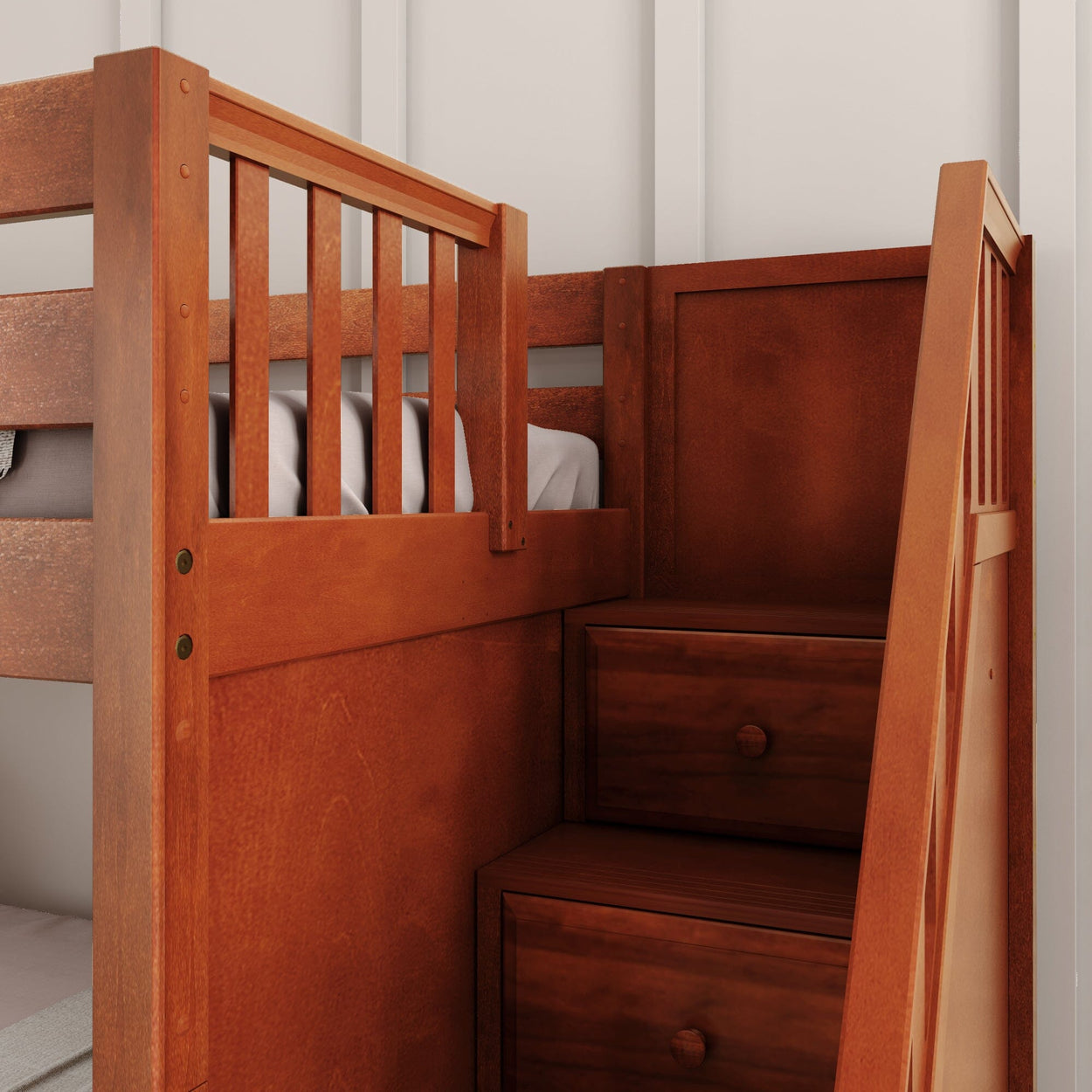 Wooden bunk bed with stairs and integrated storage drawers for kids' bedroom.