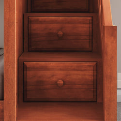 Wooden storage drawers under staircase with dark brown finish.