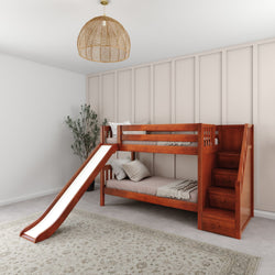 Wooden bunk bed with slide and stairs in modern kids' bedroom.