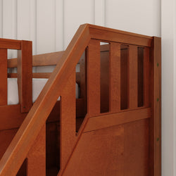 Wooden bunk bed ladder with white panel wall background.