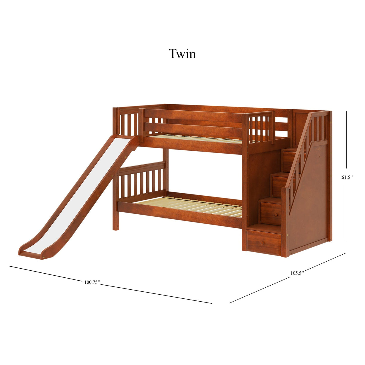 Twin wooden bunk bed with slide and steps, dimensions included.