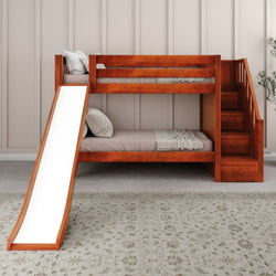 Wooden bunk bed with slide and stairs in modern bedroom setting.