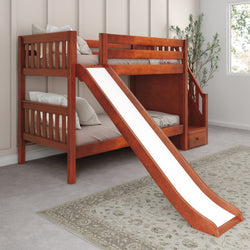 Wooden bunk bed with slide and storage drawers in modern bedroom setting.