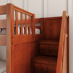 Wooden bunk bed with built-in staircase and storage drawers, ideal for maximizing space in small bedrooms.