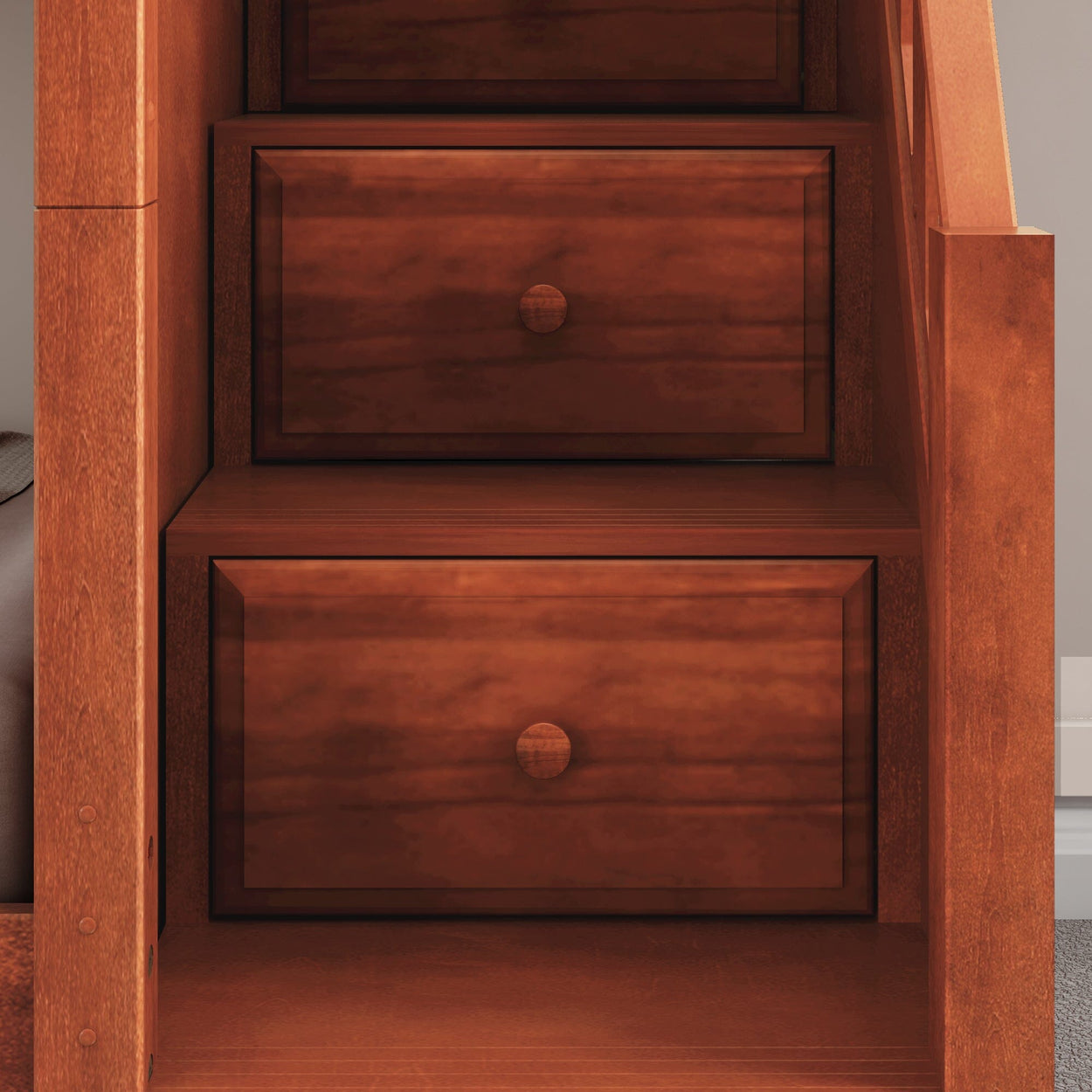 Wooden staircase with built-in storage drawers in cozy home interior.