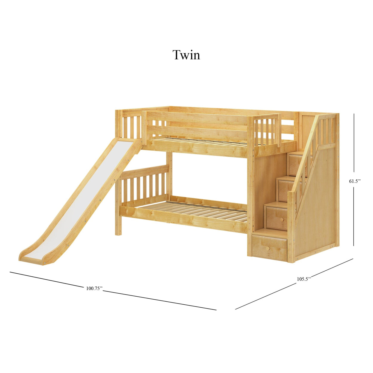 Twin wooden bunk bed with slide and stair storage, ideal for kids' bedroom.