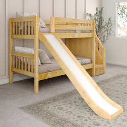 Wooden bunk bed with slide in a modern bedroom for kids.