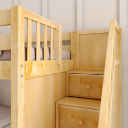 Wooden bunk bed with built-in stairs and drawers for storage in a modern bedroom.