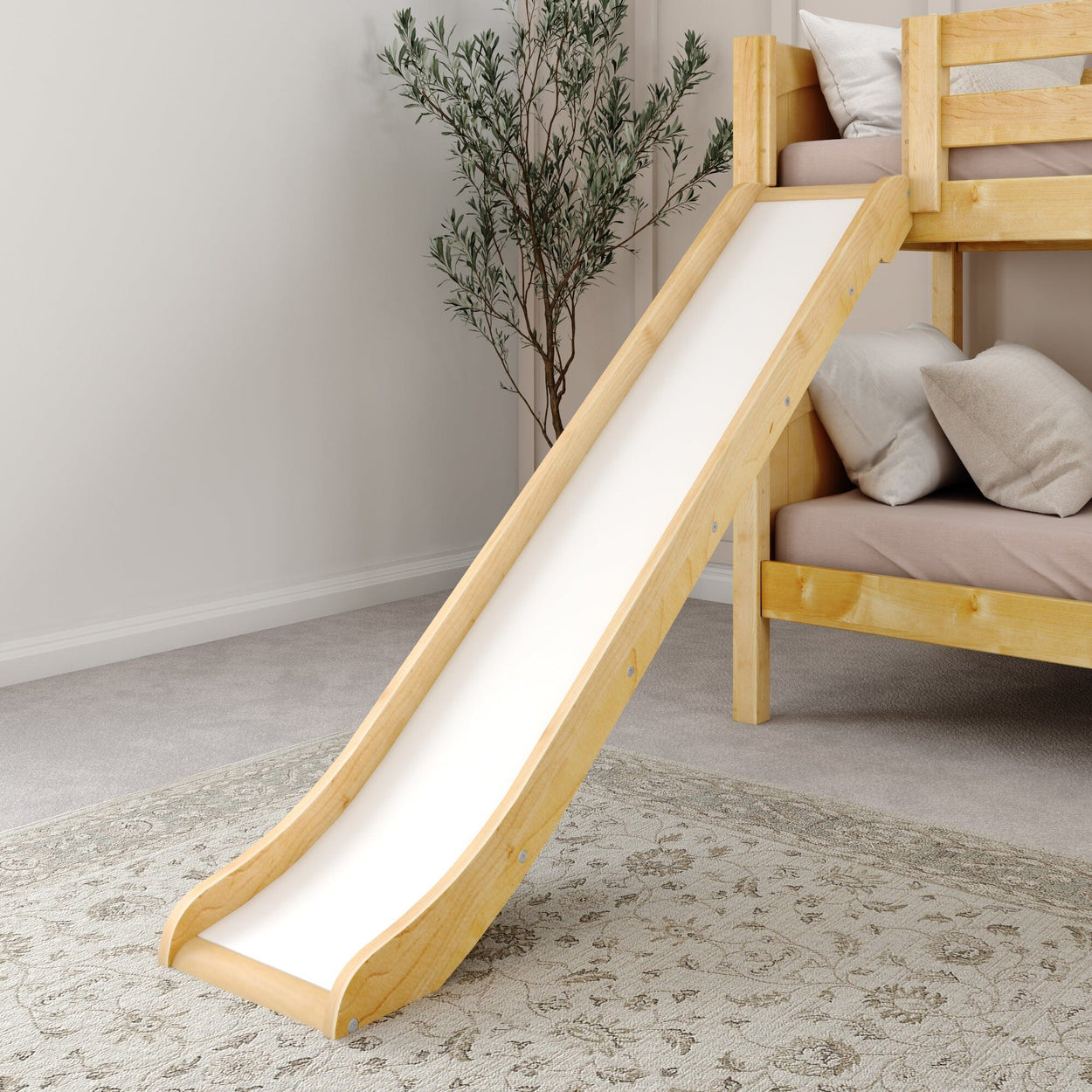 Wooden bunk bed with slide in a cozy children's bedroom setting.