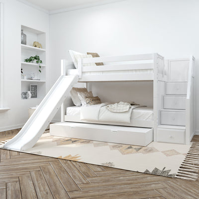 White bunk bed with slide in modern children's bedroom featuring neutral decor and geometric rug.