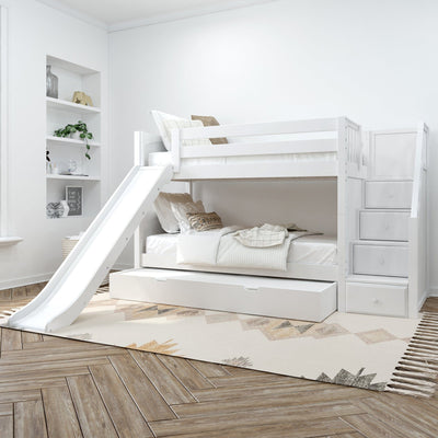 Modern white bunk bed with slide and storage stairs in a stylish kids' bedroom.
