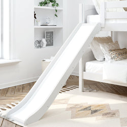 White wooden bunk bed with slide in a modern, cozy bedroom.