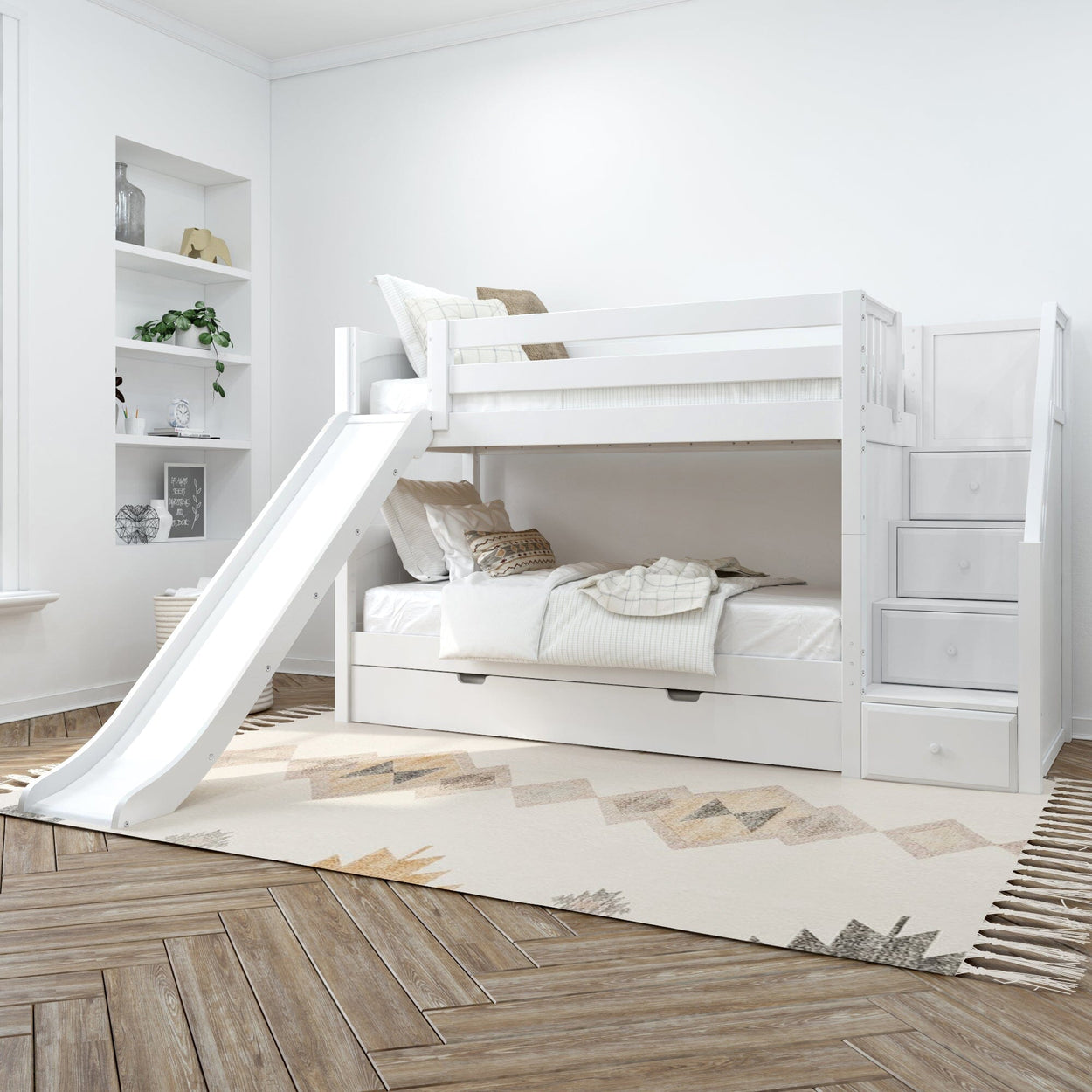 Kids' white bunk bed with slide and storage stairs in modern bedroom setting.