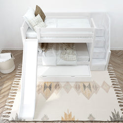 Stylish white kids' bunk bed with slide, stairs, and under-bed storage on a textured rug in a modern bedroom.