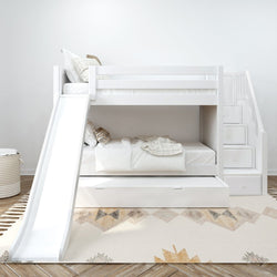 Modern white bunk bed with slide and storage stairs in a children's bedroom.
