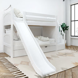 White bunk bed with slide in modern kids' room with wooden flooring and patterned rug.