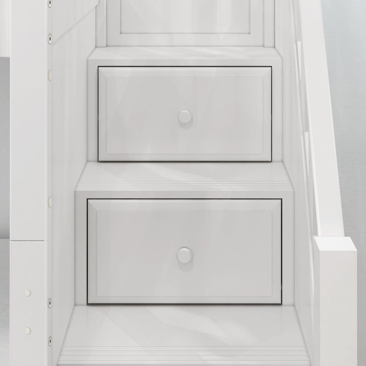 Modern white staircase with built-in storage drawers.